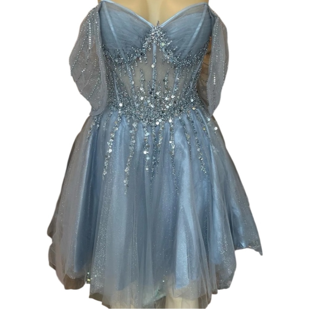 Off the Shoulder Misty Blue Beaded A-line Short Dress